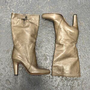 Prada Taupe Leather Mid-Calf Boots Grey Size IT 37 US 7 High Heel